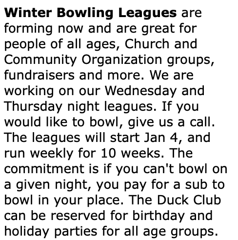 Newsletter posting about forming winter leagues